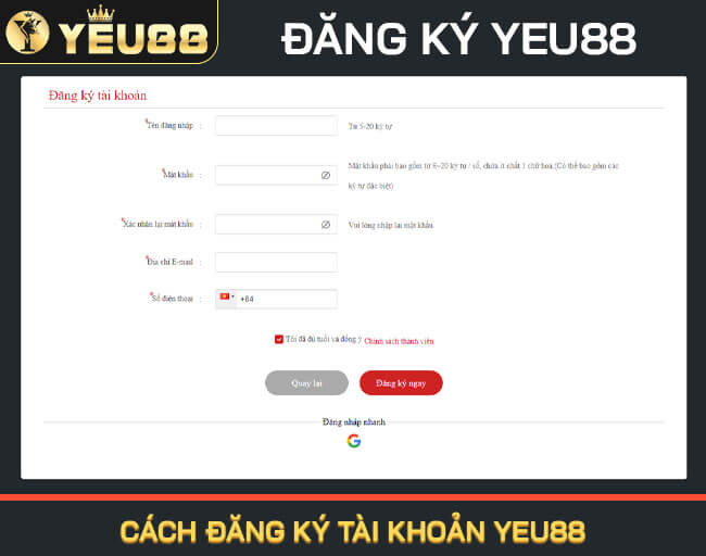 Cách đăng ký tài khoản Yeu88